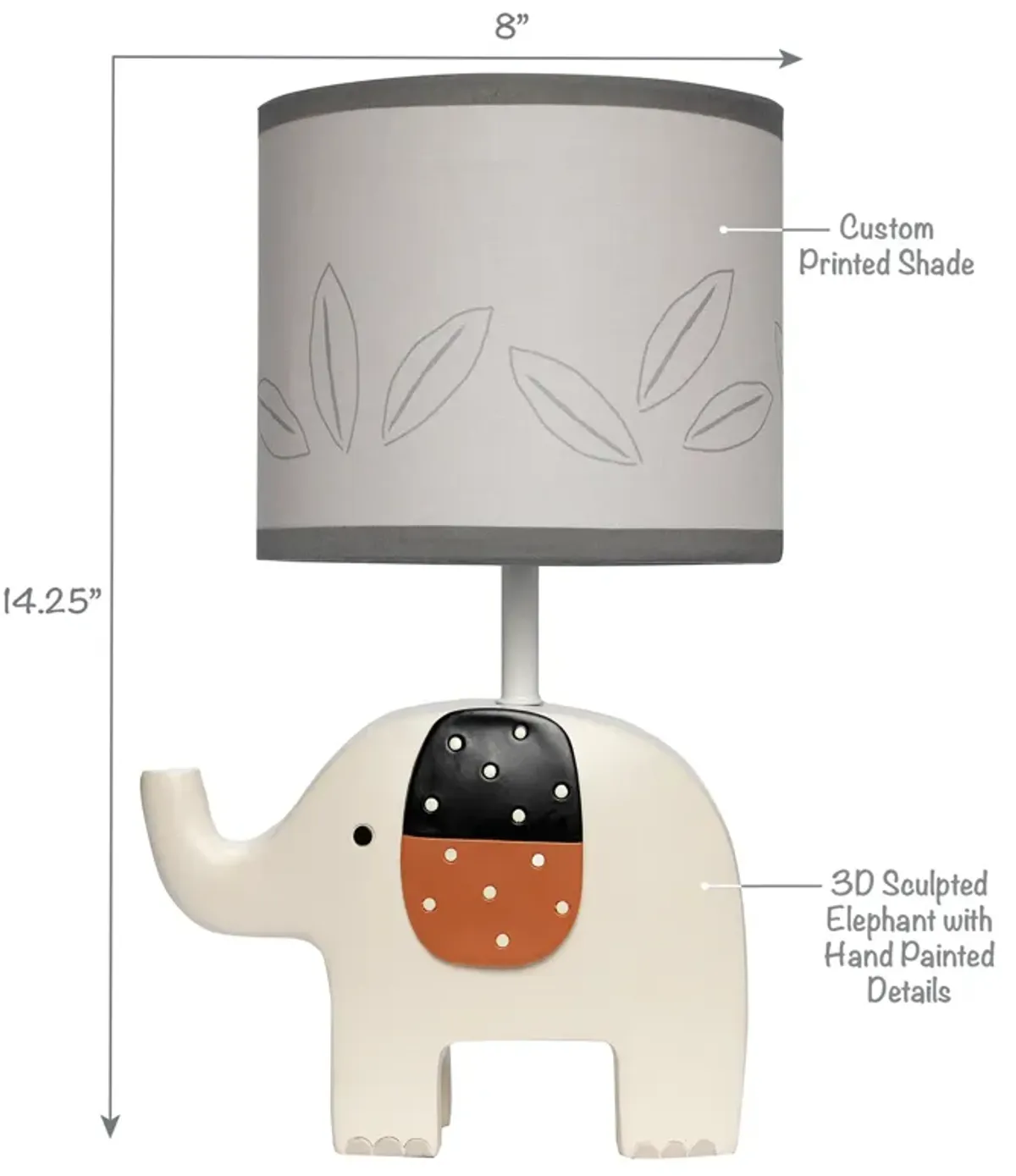 Lambs & Ivy Patchwork Jungle Modern Cream Elephant Lamp With Gray Shade & Bulb