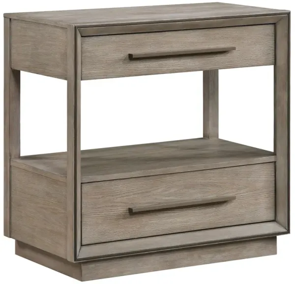 Lyni Nightstand, 2 Storage Drawers, Open Shelf, Washed Oak Brown - Benzara