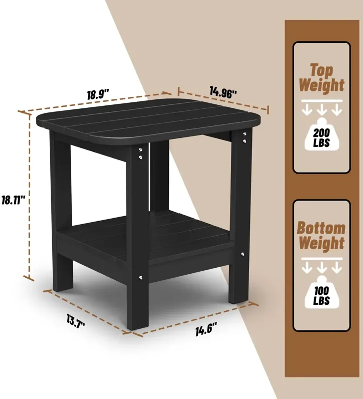 Double side table with curved edges made of HIPS material for greater durability suitable for outdoor and indoor