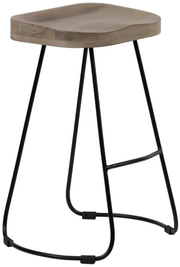 Zmi Counter Height Stool, Gray Mango Wood Saddle Seat, Black Metal - Benzara