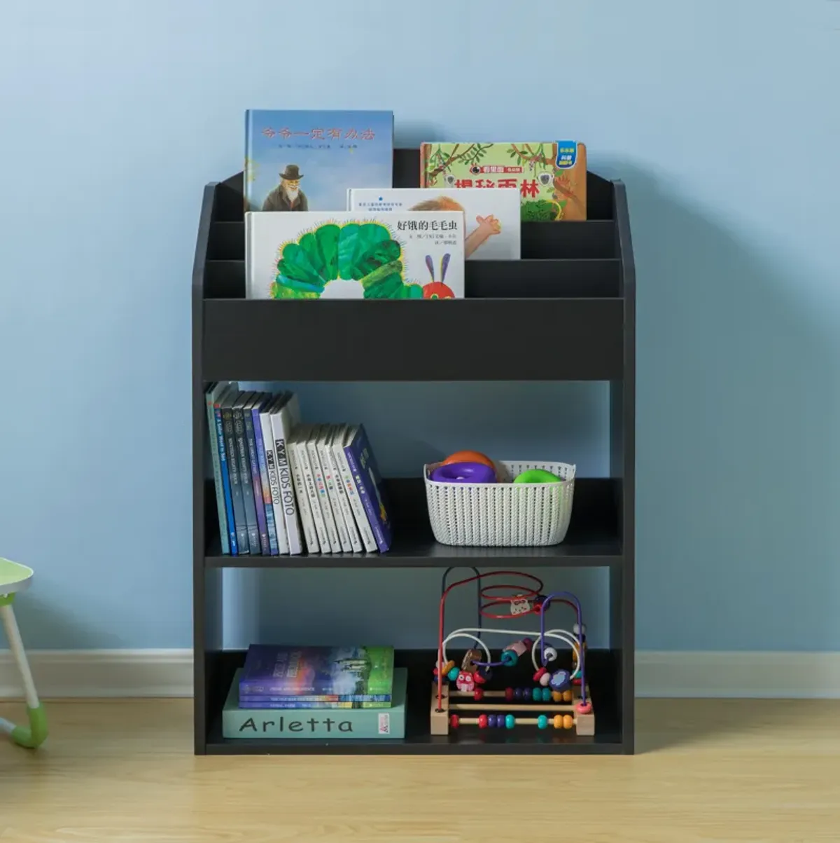 Black Modern Wooden Storage Bookcase with Shelf, Playroom Bedroom Living and Office