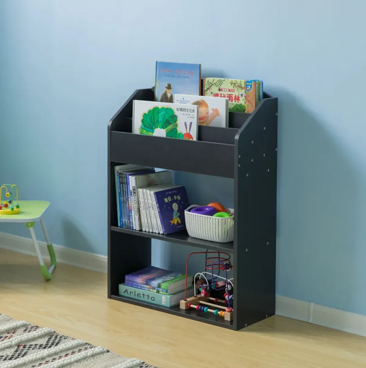 Black Modern Wooden Storage Bookcase with Shelf, Playroom Bedroom Living and Office