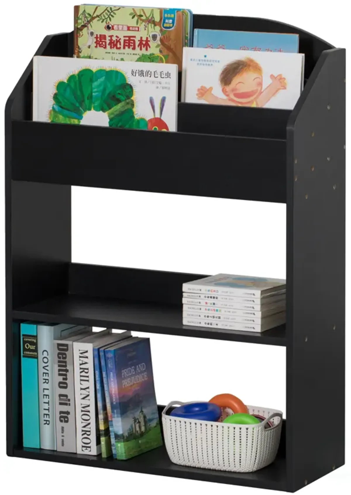 Black Modern Wooden Storage Bookcase with Shelf, Playroom Bedroom Living and Office