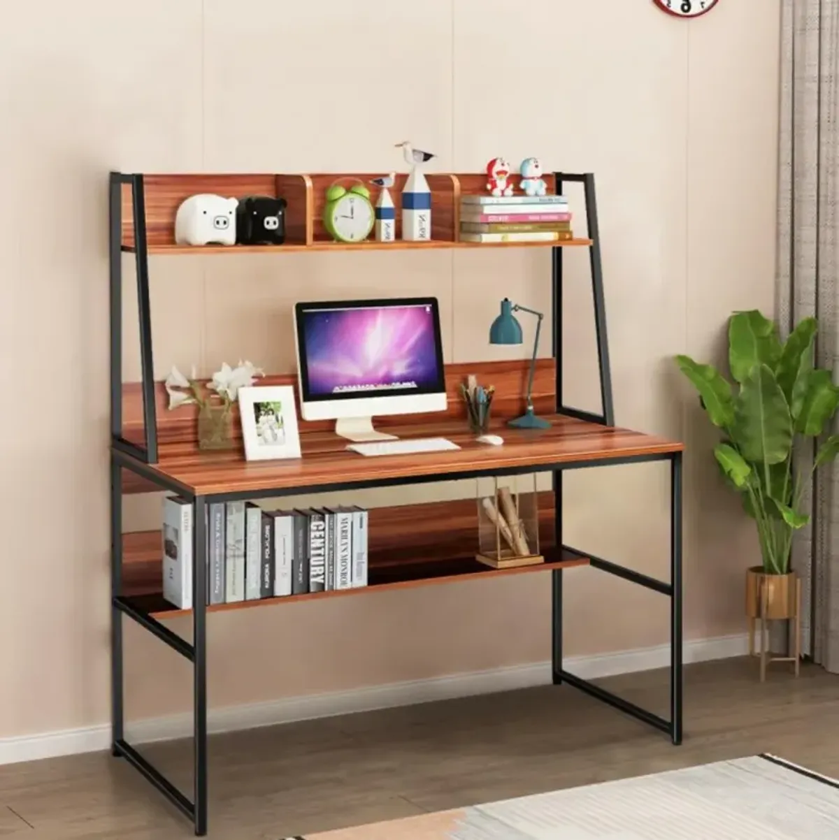 Hivvago 47 Inch Computer Desk with Open Storage Space and Bottom Bookshelf