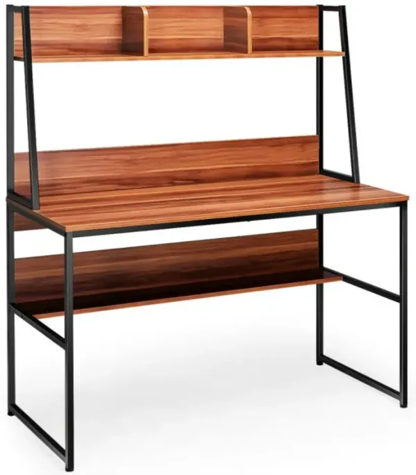 Hivvago Computer Desk with Open Storage Space and Bottom Bookshelf