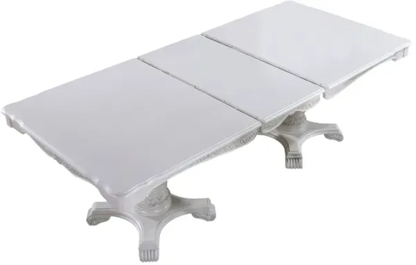 Zenie Dining Table, Extension Leaf, 77-95 Inch, Classic White Solid Wood - Benzara