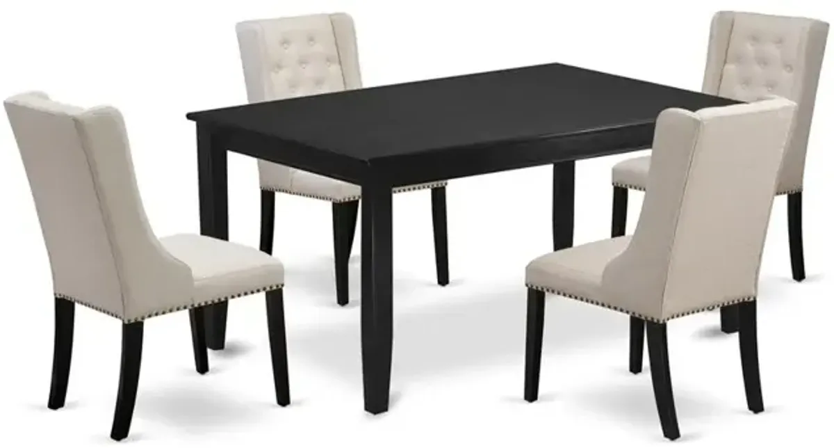 East West Furniture DUFO5-BLK-01 5-Pc Modern Dining Set Includes 1 Rectangular Dining Table and 4 Cream Linen Fabric Parson Chairs with Button Tufted Back - Black Finish