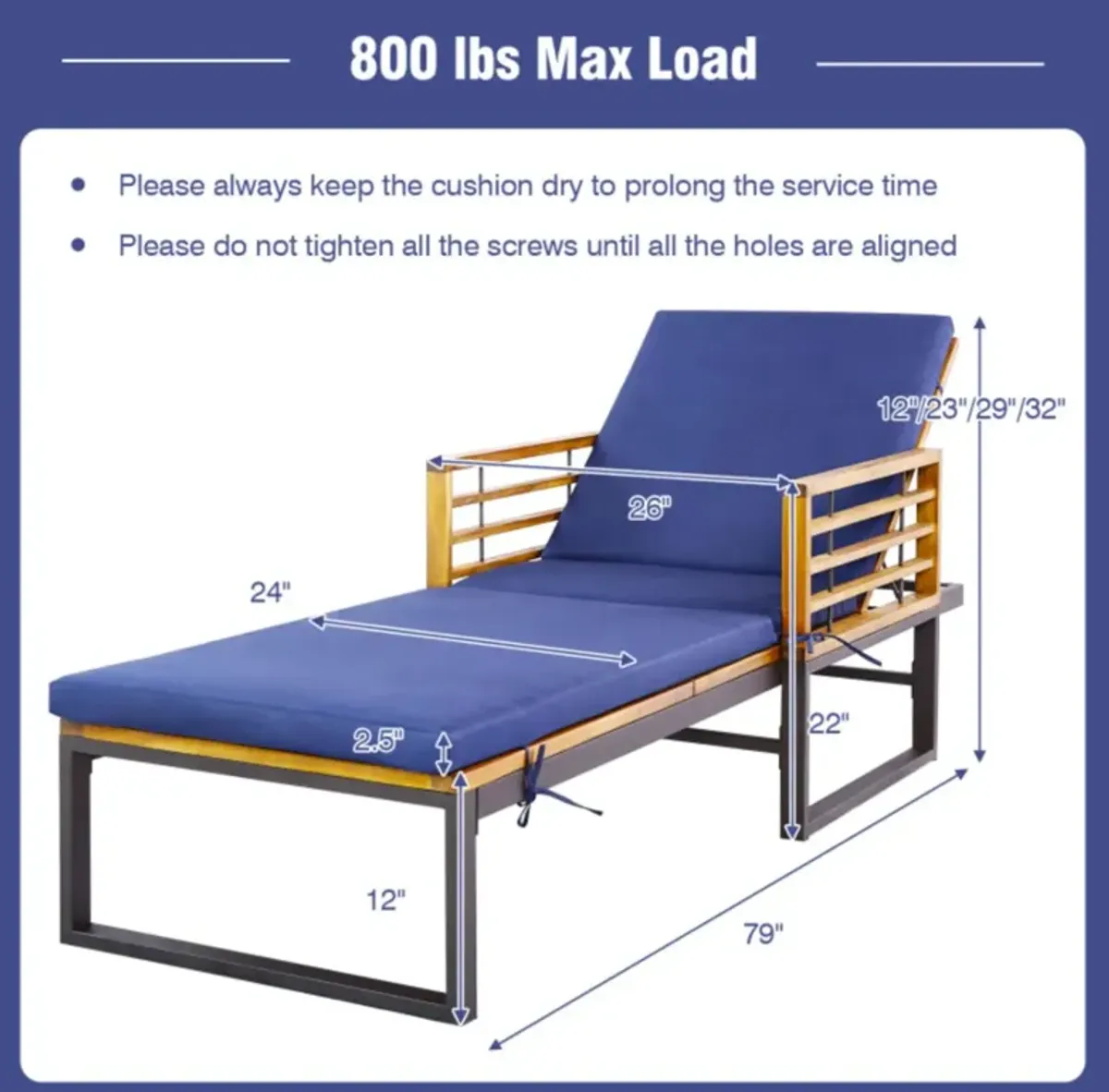 Hivvago Adjustable Cushioned Patio Chaise Lounge Chair with 4-Level Backrest-Navy