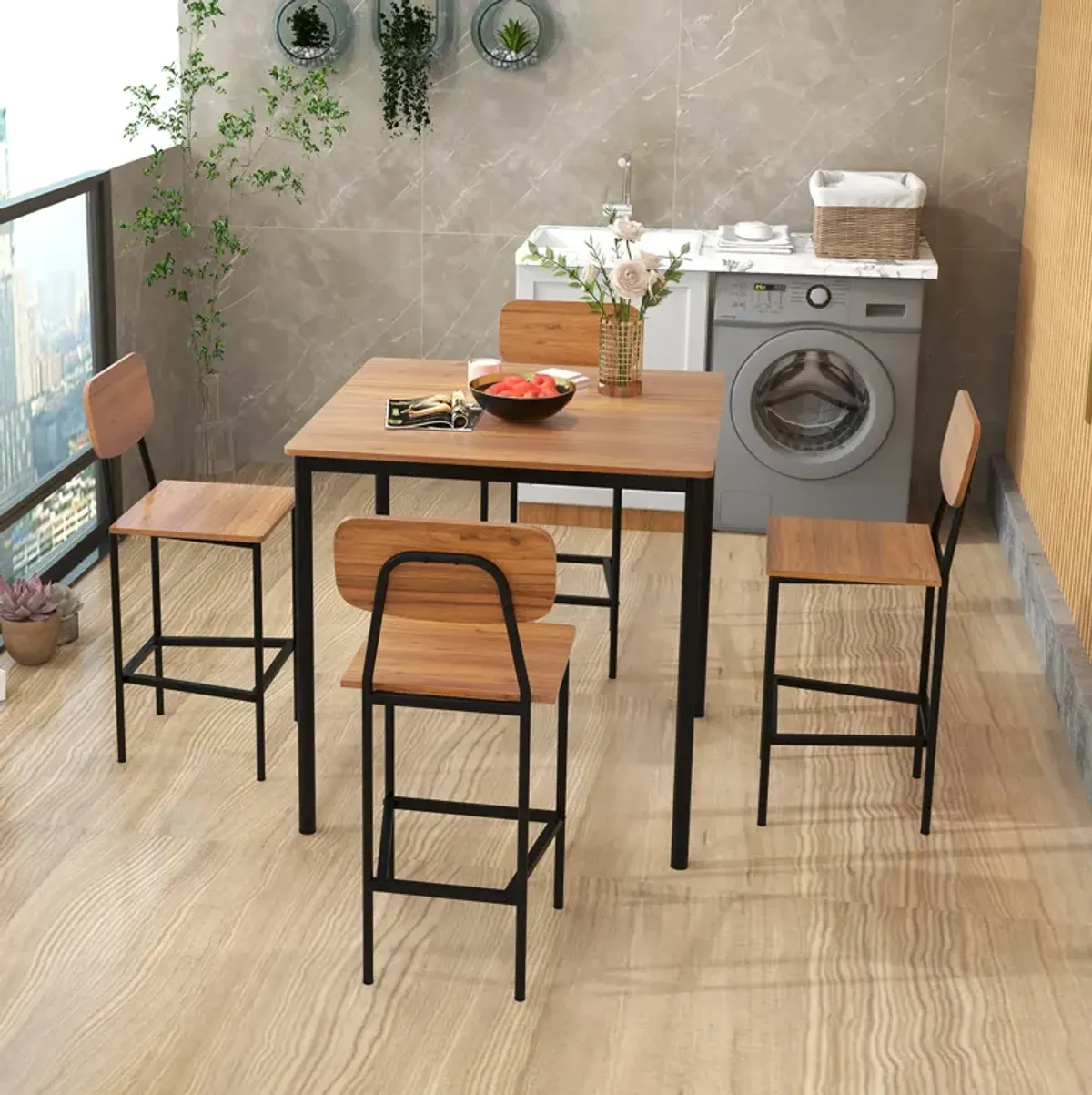 5-Piece Industrial Dining Table Set with Counter Height Table and 4 Bar Stools