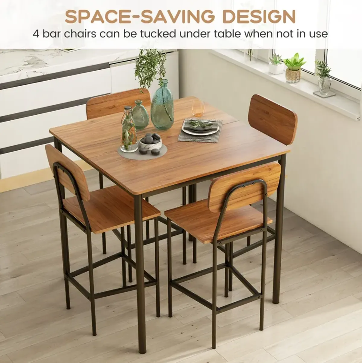 5 Pieces Industrial Dining Table Set with Counter Height Table and 4 Bar Stools