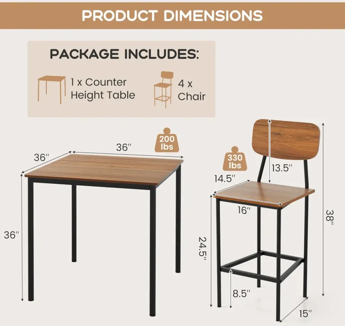 5 Pieces Industrial Dining Table Set with Counter Height Table and 4 Bar Stools