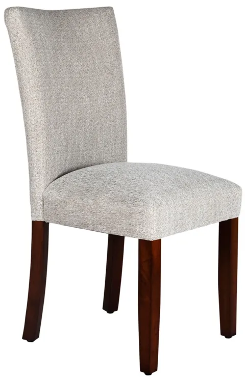 Fabric Upholstered Wooden Parson Dining Chair with Splayed Back, Light Gray and Brown - Benzara