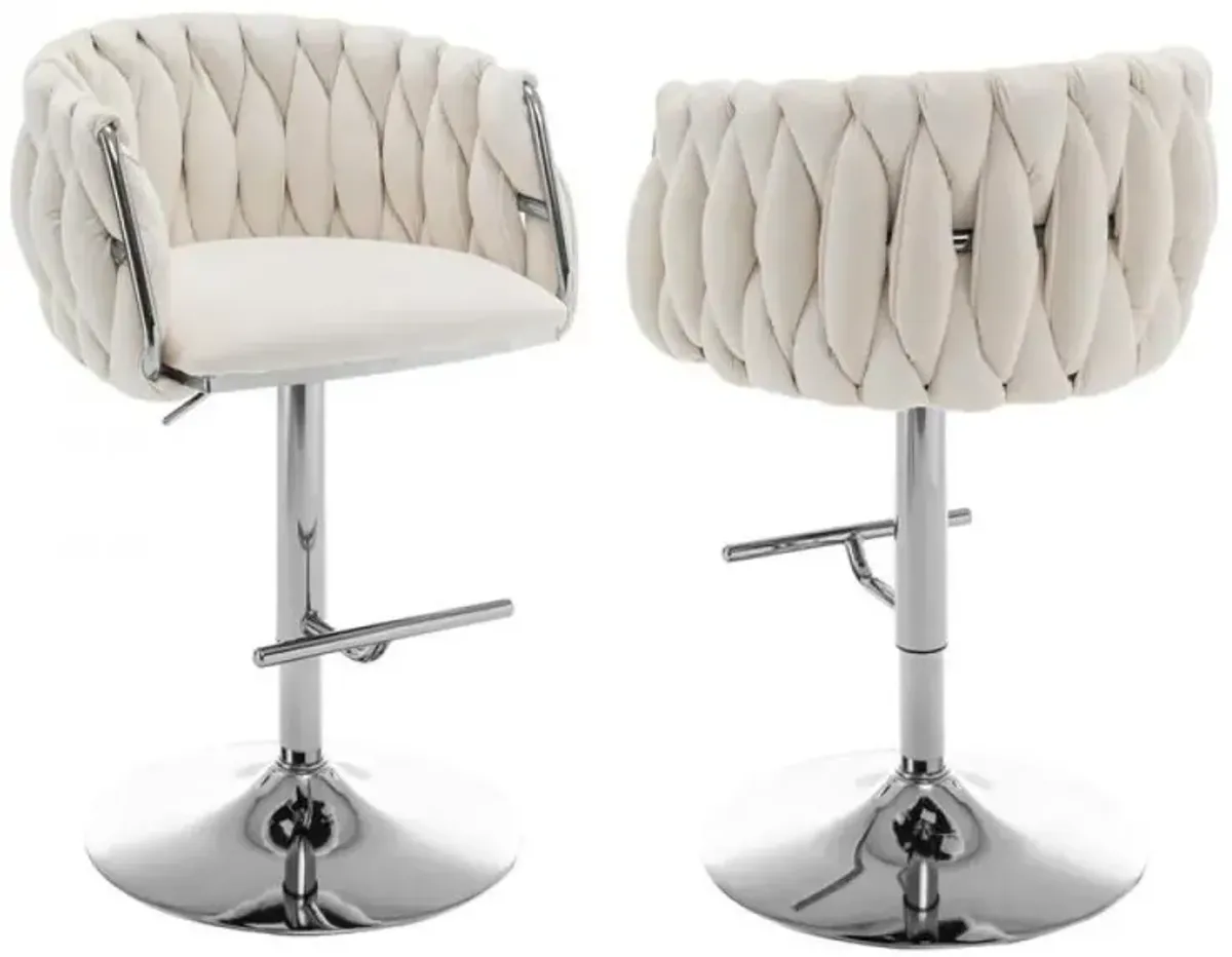 Velvet Upholstered barstool in Cream with Silver color base (SET OF 2)