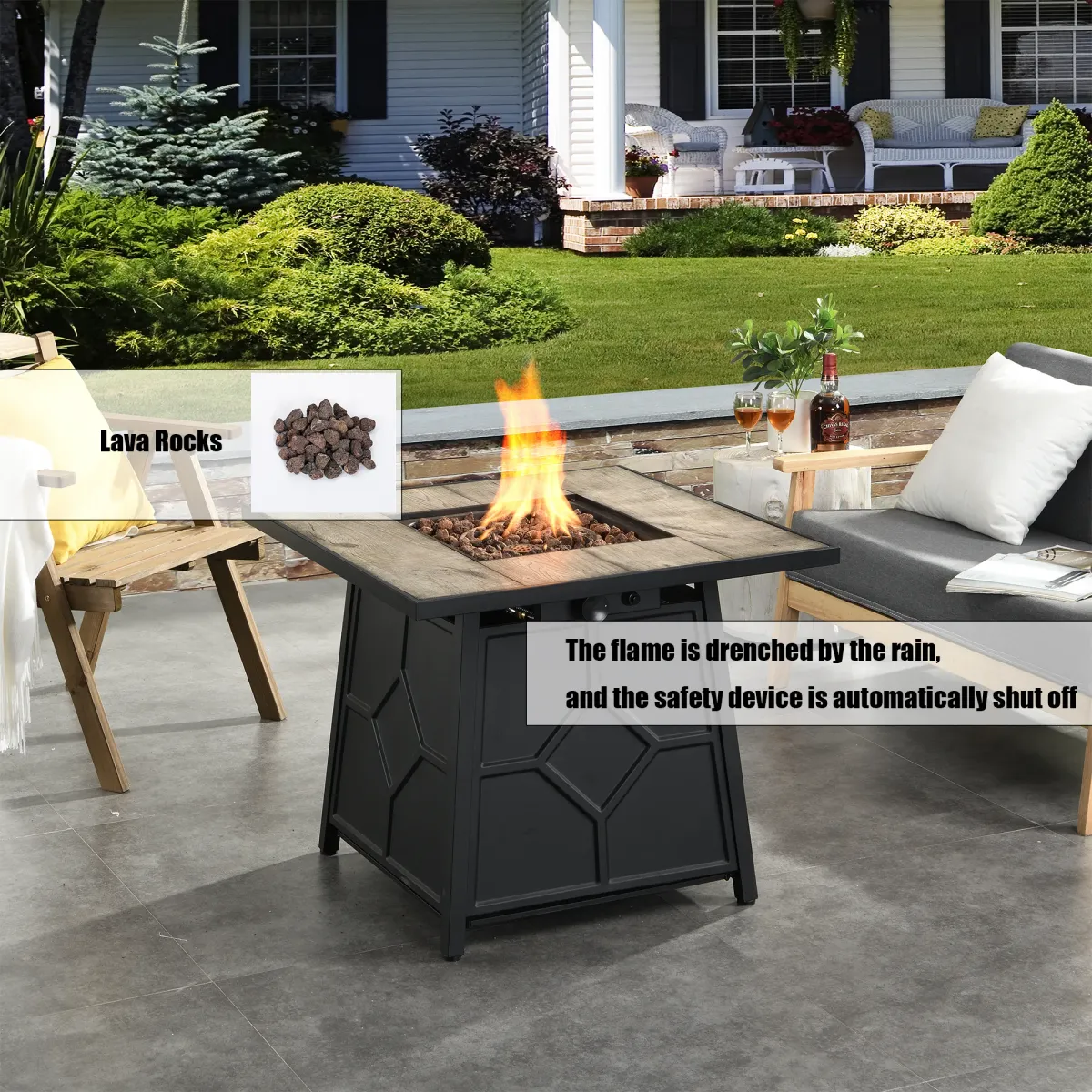 5 Piece Patio Dining Set with Swivel Chairs and Gray 28-inch Square 40,000 BTU Auto-Ignition Propane Gas Fire Pit Table