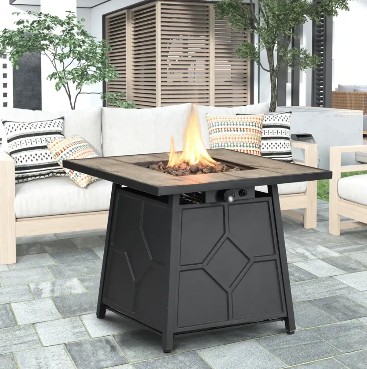 5 Piece Patio Dining Set with Swivel Chairs and Gray 28-inch Square 40,000 BTU Auto-Ignition Propane Gas Fire Pit Table