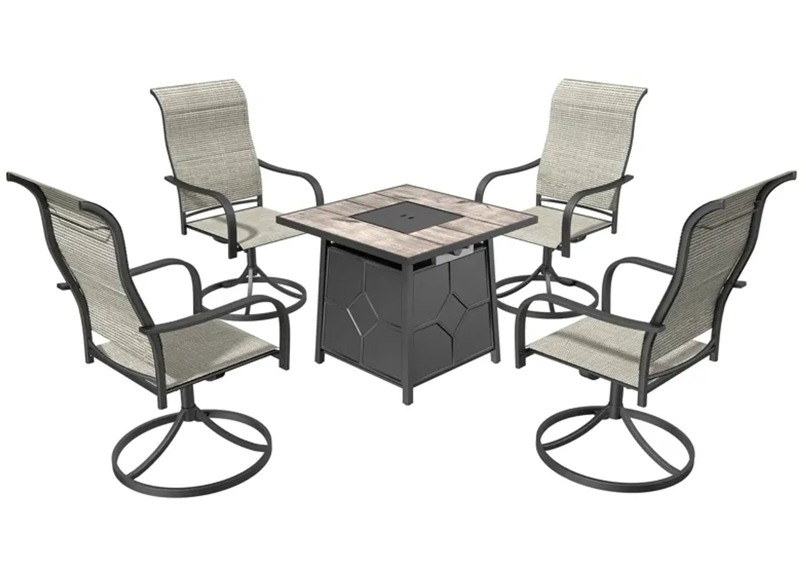 5 Piece Patio Dining Set with Swivel Chairs and Gray 28-inch Square 40,000 BTU Auto-Ignition Propane Gas Fire Pit Table