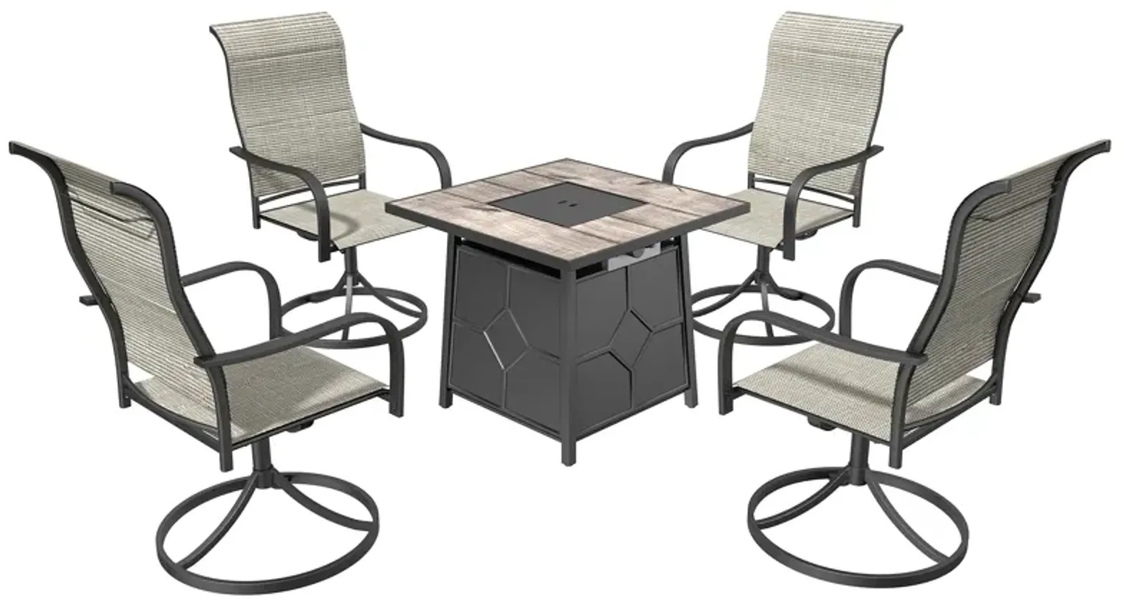 5 Piece Patio Dining Set with Swivel Chairs and Gray 28-inch Square 40,000 BTU Auto-Ignition Propane Gas Fire Pit Table