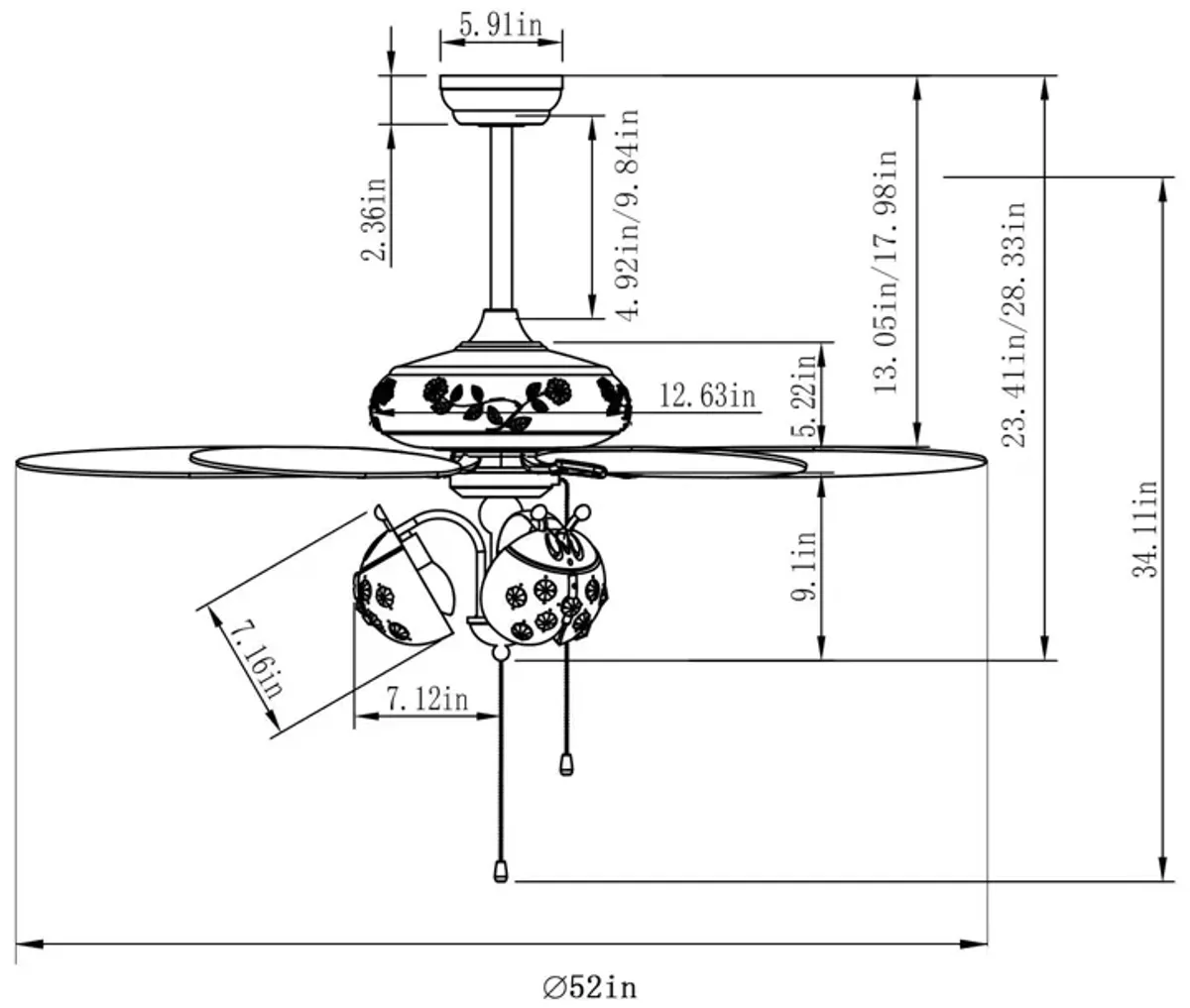 52 Inch Kids Ceiling Fan with Pull Chain Control