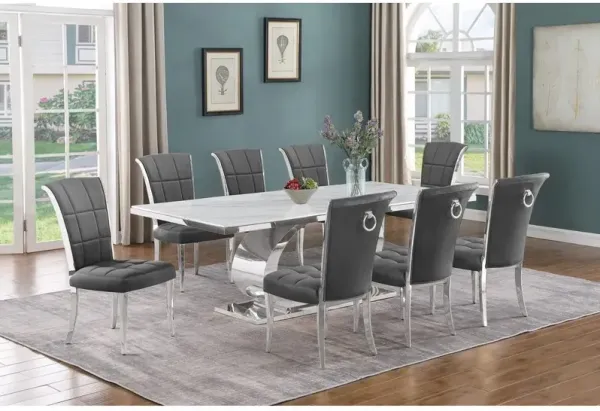 Best Quality Furniture 9pc Large (87) marble top dining set with silver base and 8 Dark grey chairs