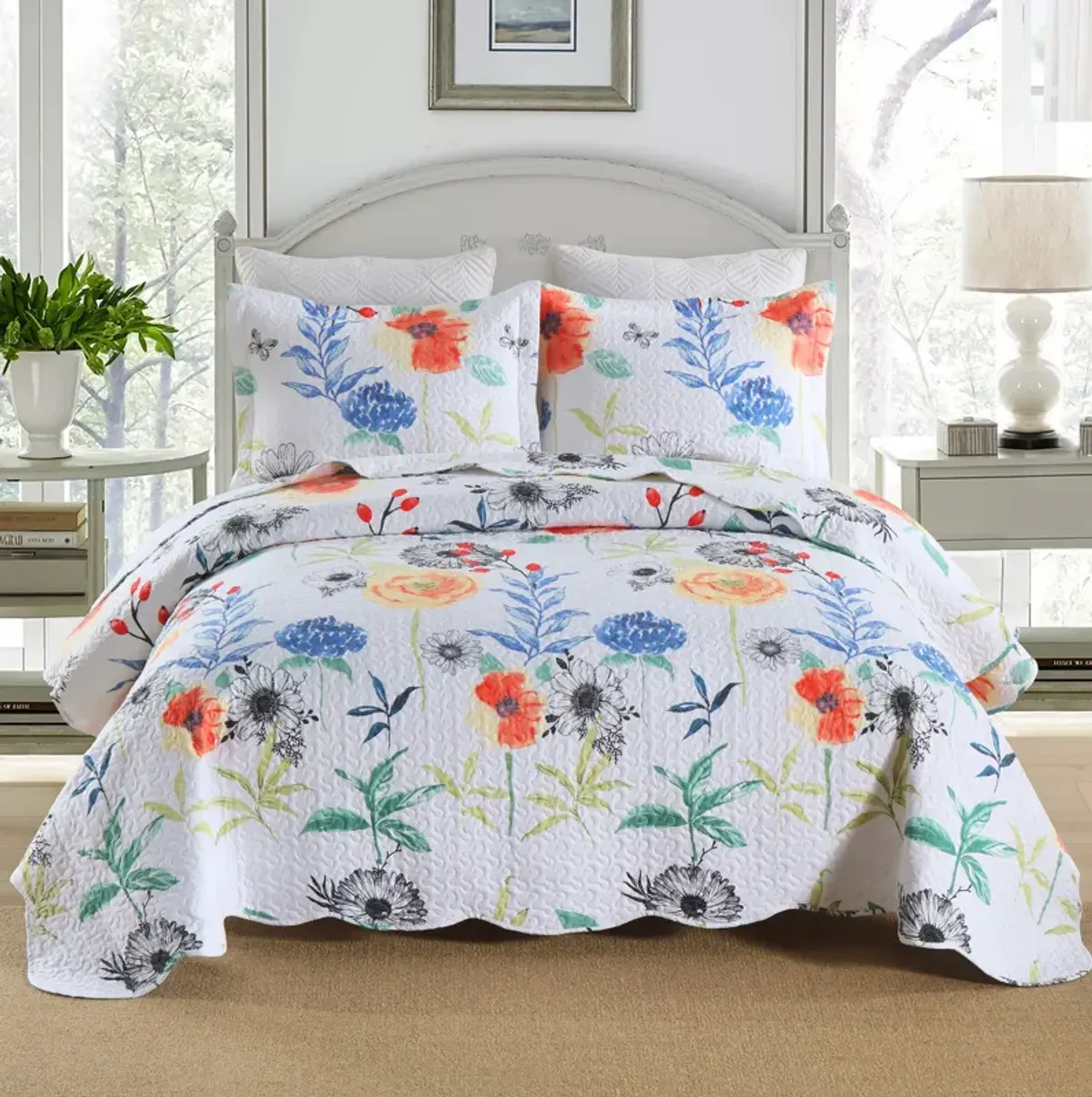 MarCielo 3 Pcs Printed Floral Quilt Set Lightweight Bedspread Set