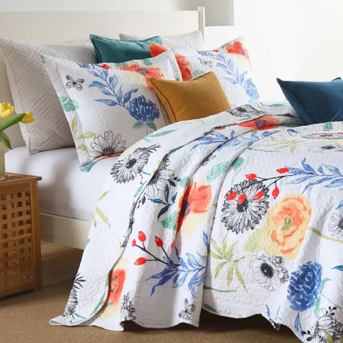 MarCielo 3 Pcs Printed Floral Quilt Set Lightweight Bedspread Set