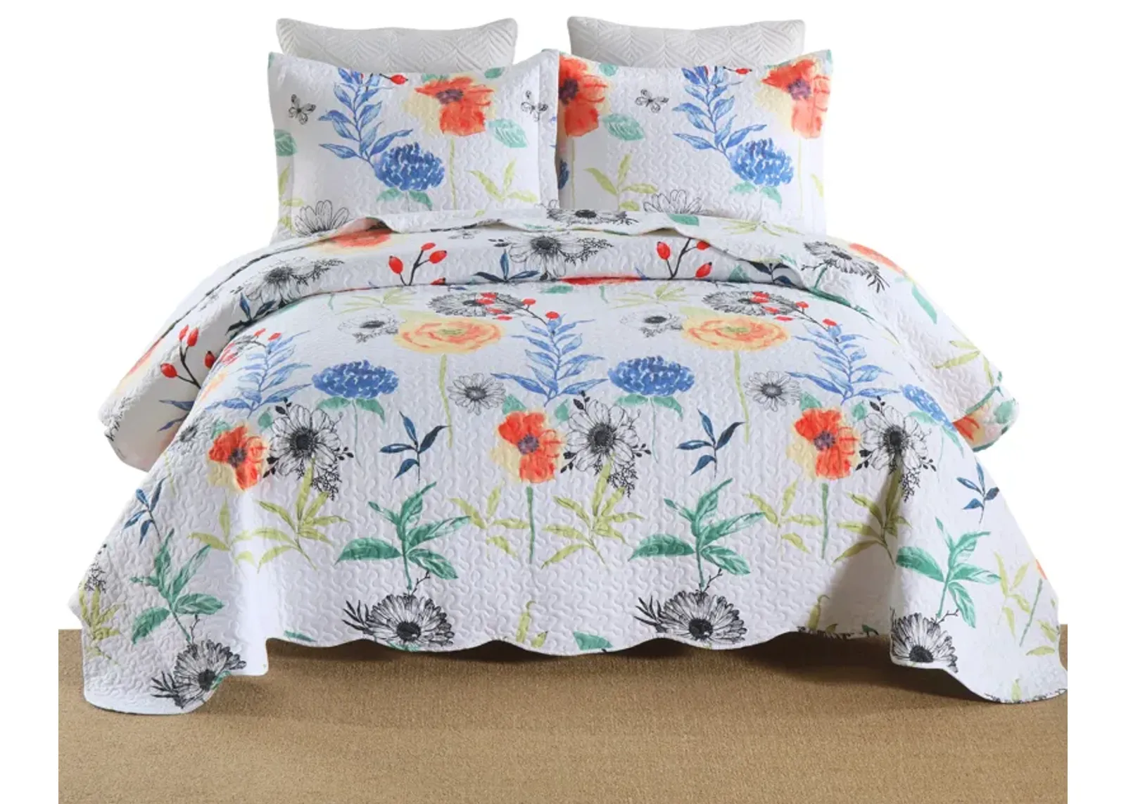 MarCielo 3 Pcs Printed Floral Quilt Set Lightweight Bedspread Set