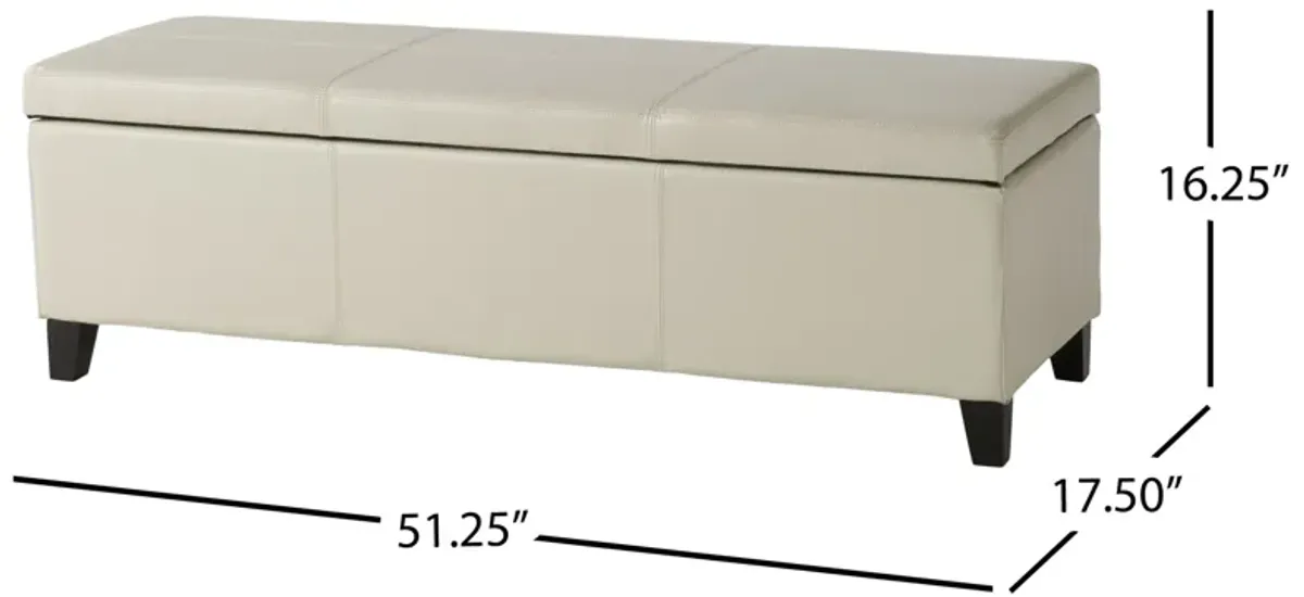 Elias Storage Ottoman Bench, Detailed Ivory Faux Leather, 51 Inch -Benzara