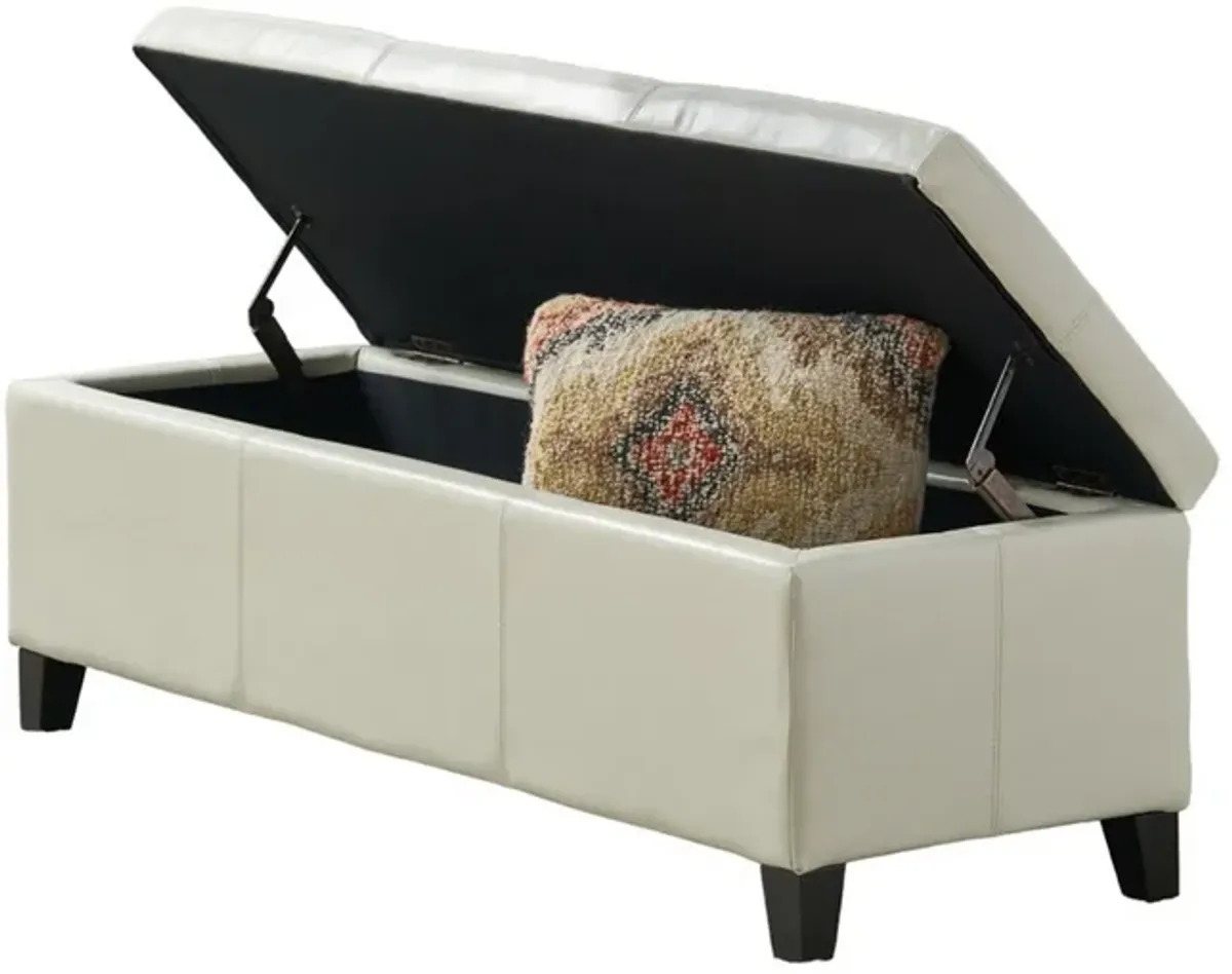 Elias Storage Ottoman Bench, Detailed Ivory Faux Leather, 51 Inch -Benzara