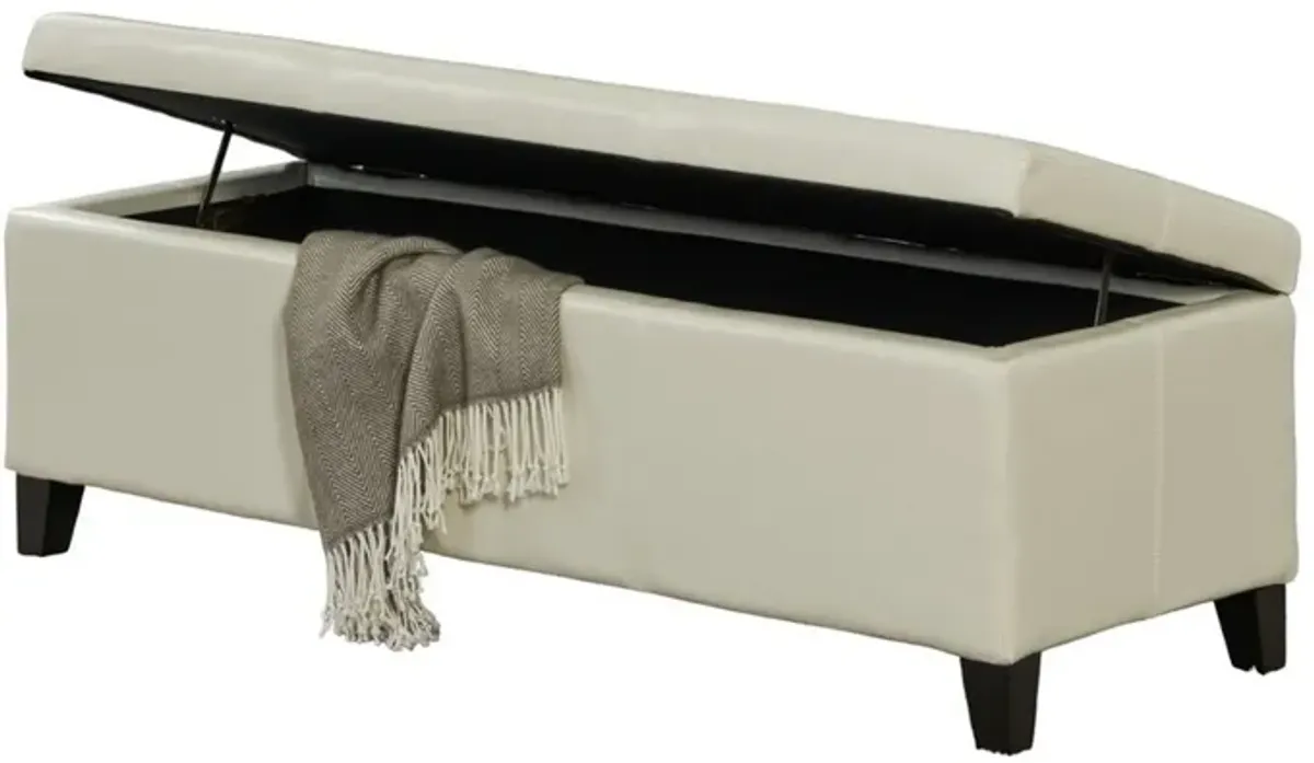 Elias Storage Ottoman Bench, Detailed Ivory Faux Leather, 51 Inch -Benzara