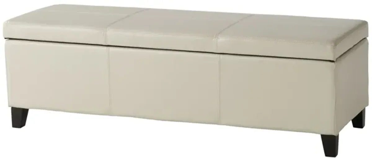 Elias Storage Ottoman Bench, Detailed Ivory Faux Leather, 51 Inch -Benzara