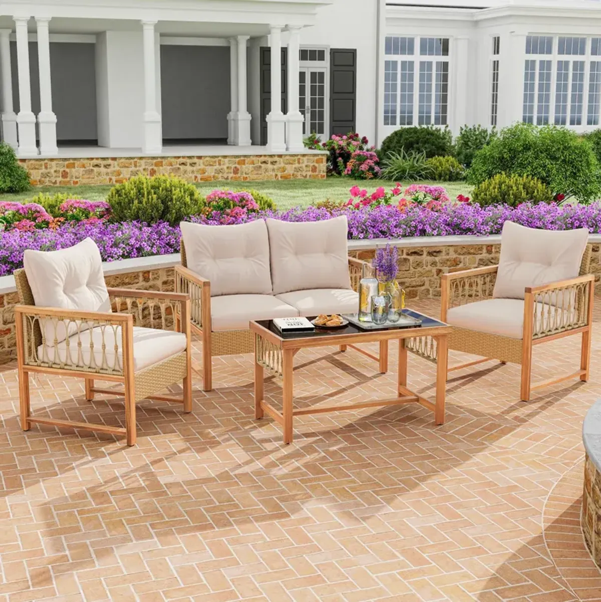 4 Pieces Outdoor Patio PE Wicker Conversation Bistro Set with Acacia Wood Frame-Brown