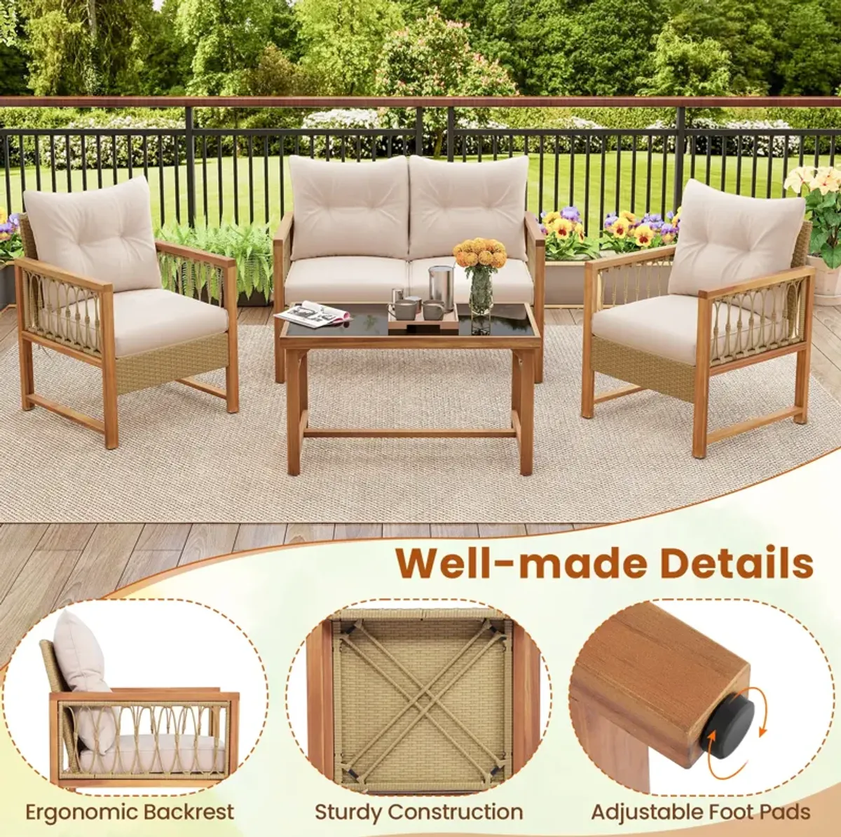 4 Pieces Outdoor Patio PE Wicker Conversation Bistro Set with Acacia Wood Frame-Brown