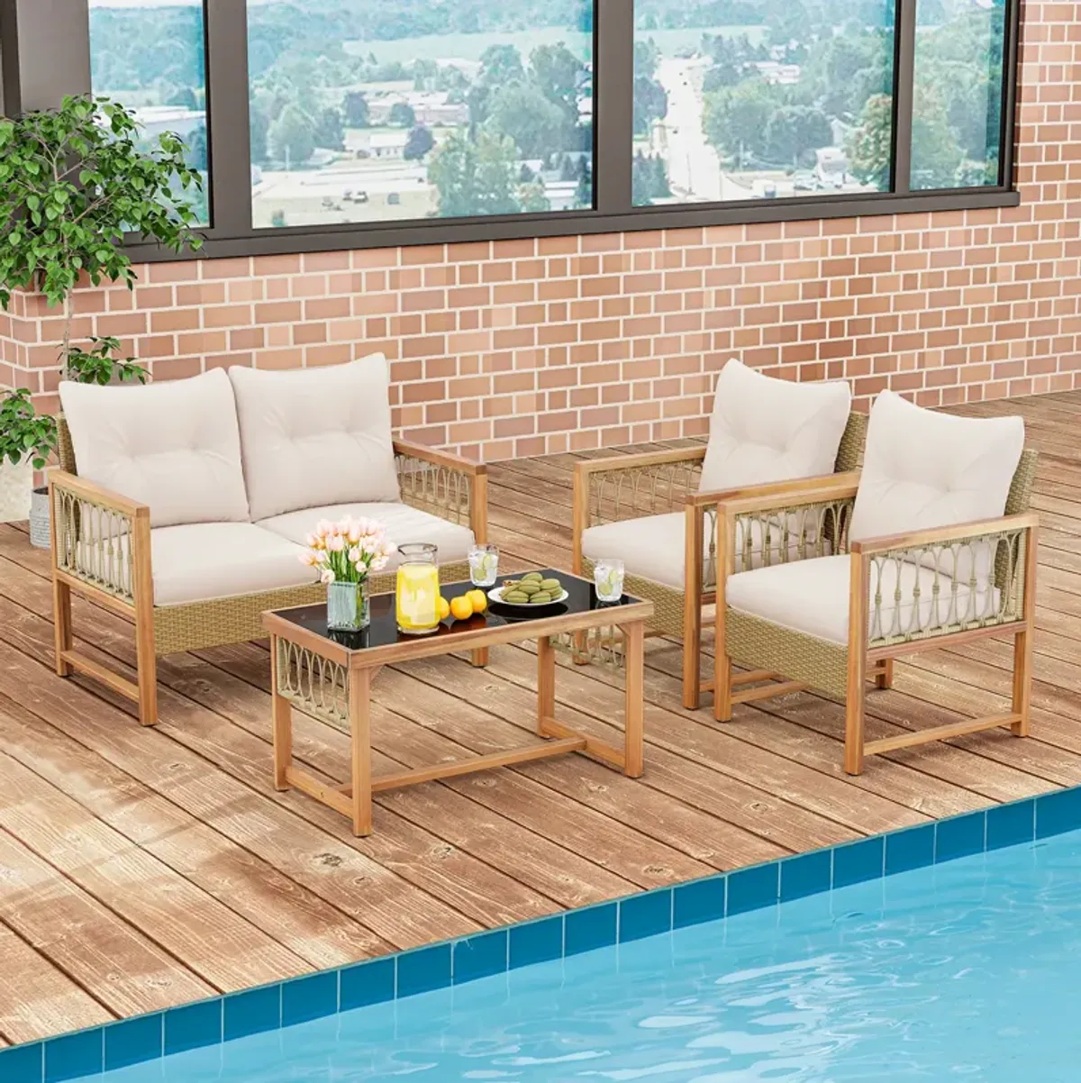 4 Pieces Outdoor Patio PE Wicker Conversation Bistro Set with Acacia Wood Frame-Brown