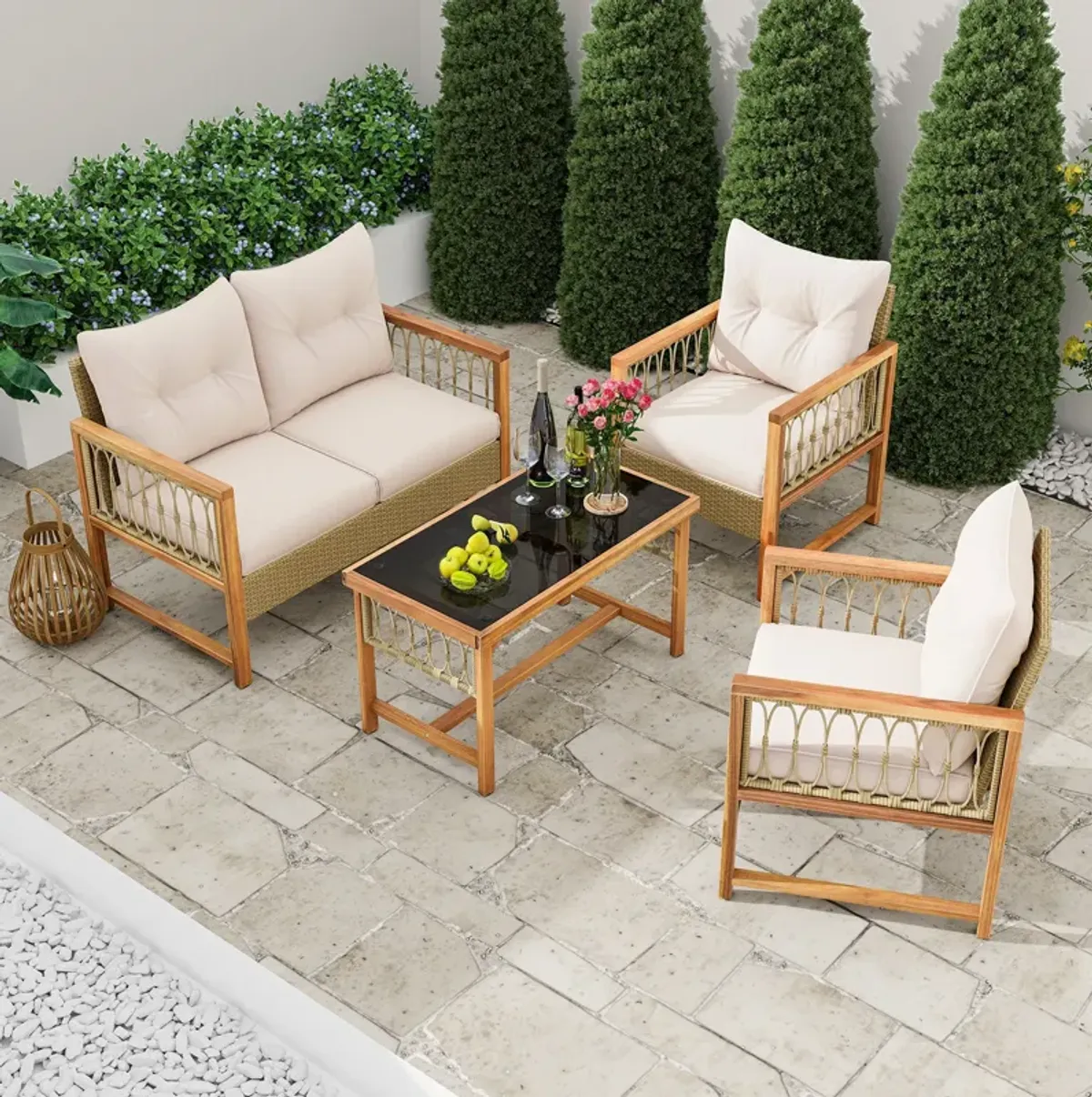 4 Pieces Outdoor Patio PE Wicker Conversation Bistro Set with Acacia Wood Frame-Brown