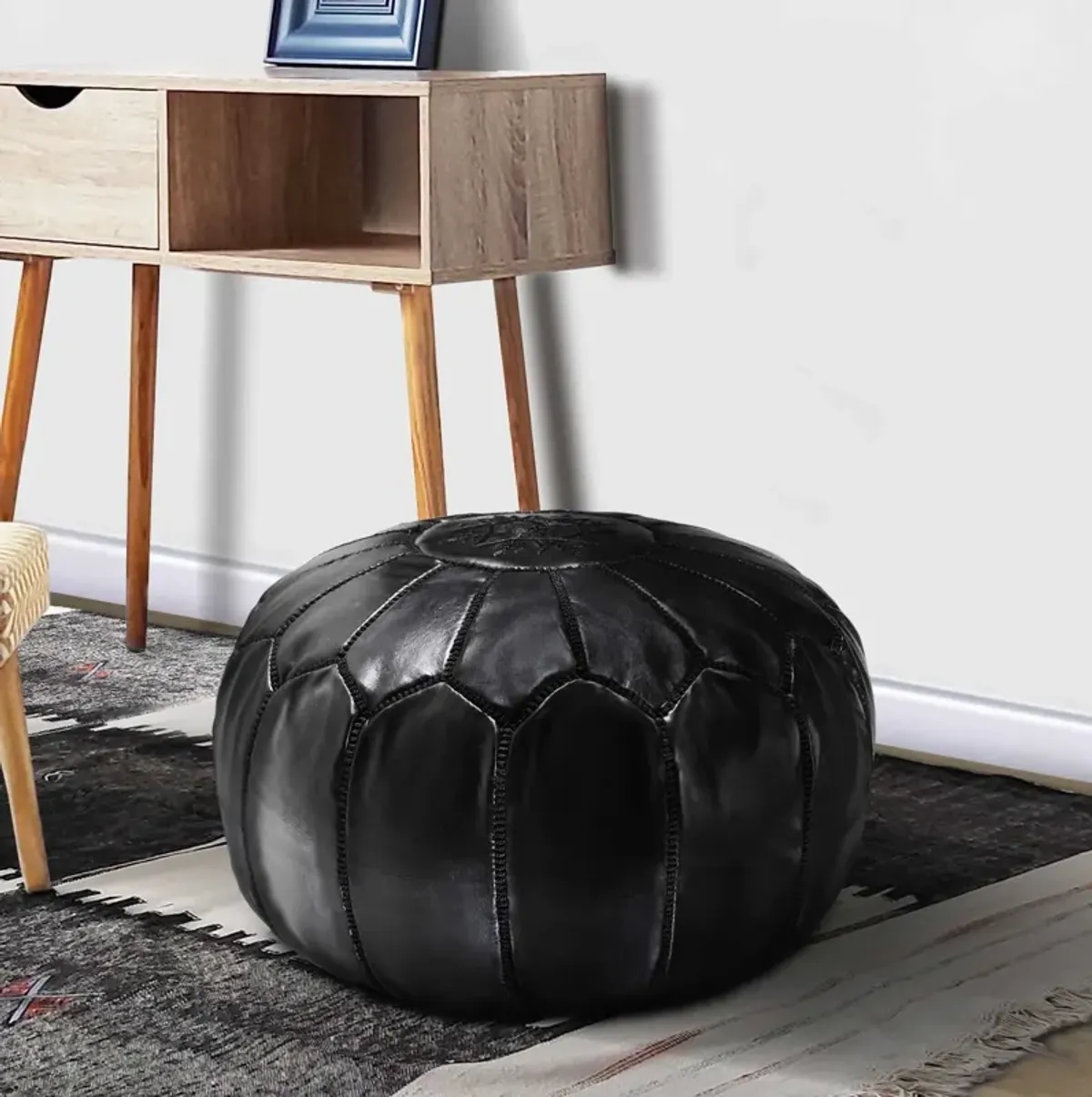 Handmade Moroccan Ottoman, Genuine Leather Pouf