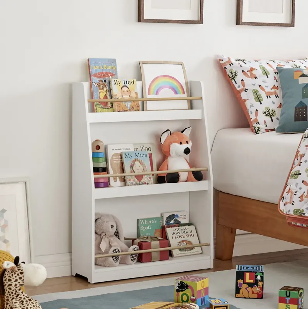 Steiner White 3-Tier Kids Book or Magazine Storage Freestanding Bookcase with Contrasting Wood-Toned Rods