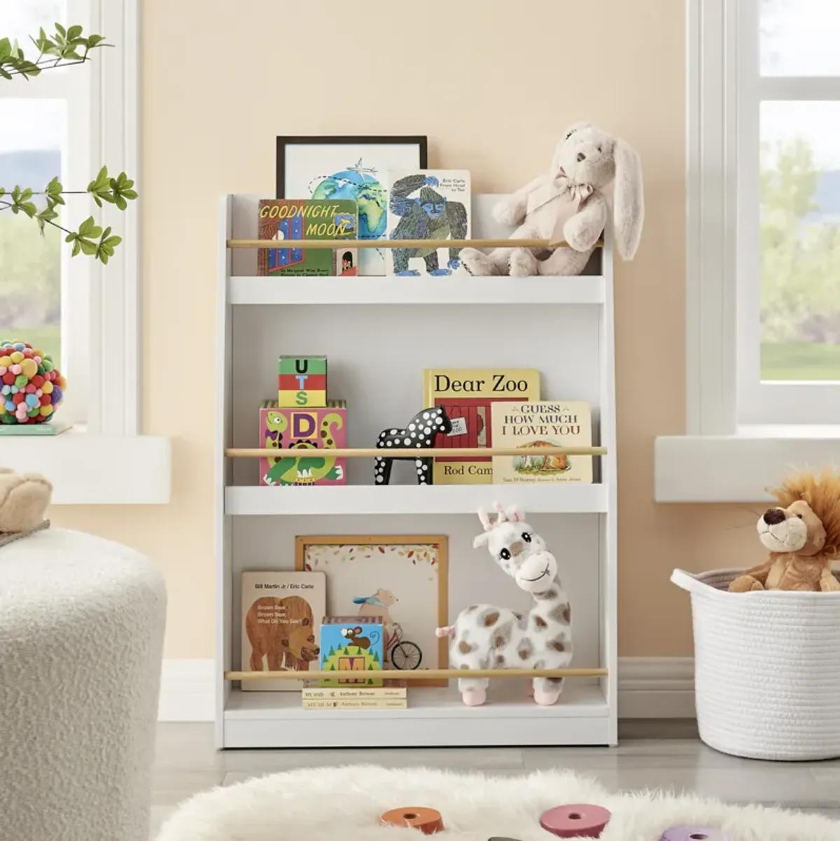 Steiner White 3-Tier Kids Book or Magazine Storage Freestanding Bookcase with Contrasting Wood-Toned Rods