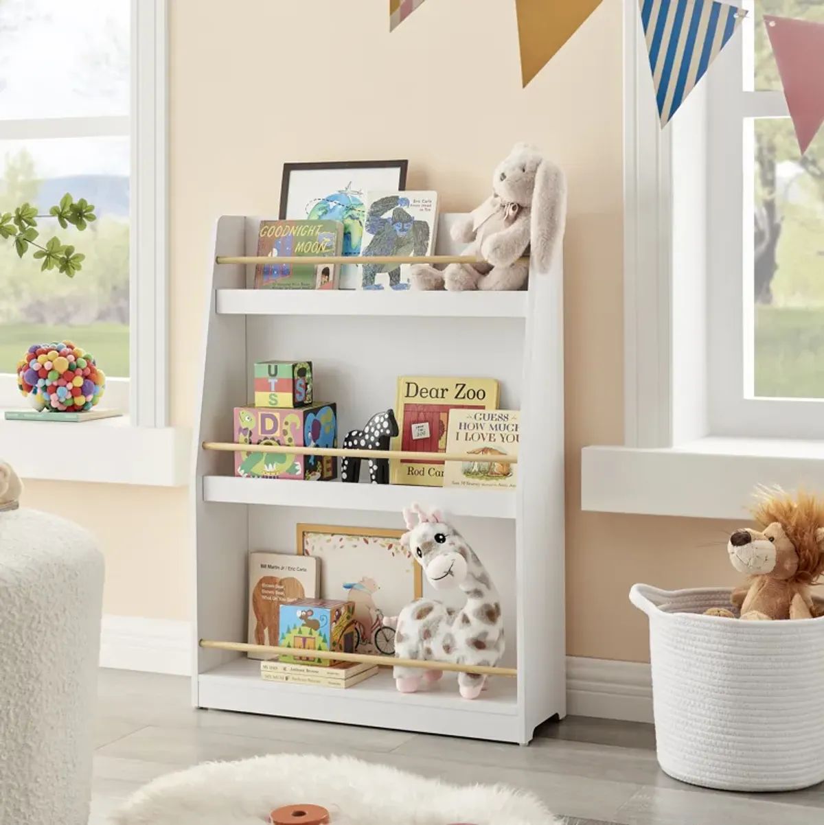 Steiner White 3-Tier Kids Book or Magazine Storage Freestanding Bookcase with Contrasting Wood-Toned Rods