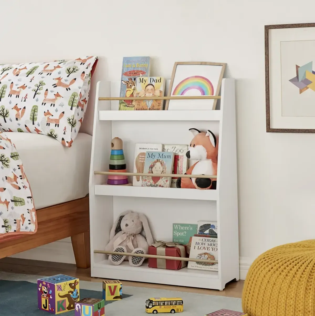 Steiner White 3-Tier Kids Book or Magazine Storage Freestanding Bookcase with Contrasting Wood-Toned Rods