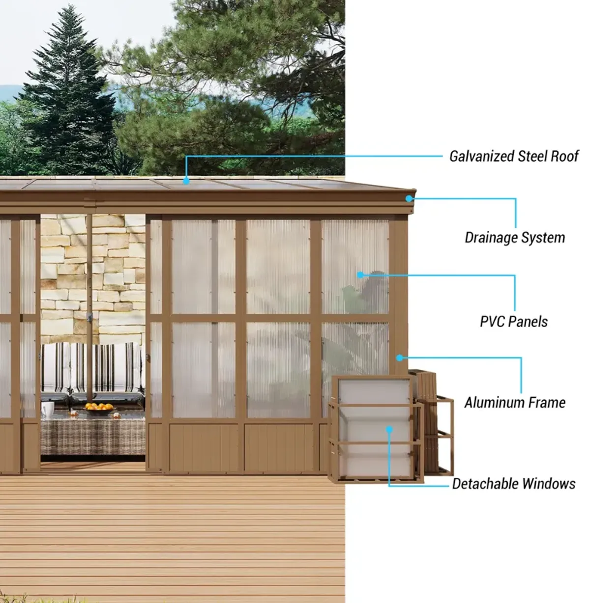 MONDAWE Aluminum Lean to Sunroom 12x16FT, Wall Mounted Solarium with Sloping Polycarbonate Roof and Screens, 2 Lockable Sliding Doors