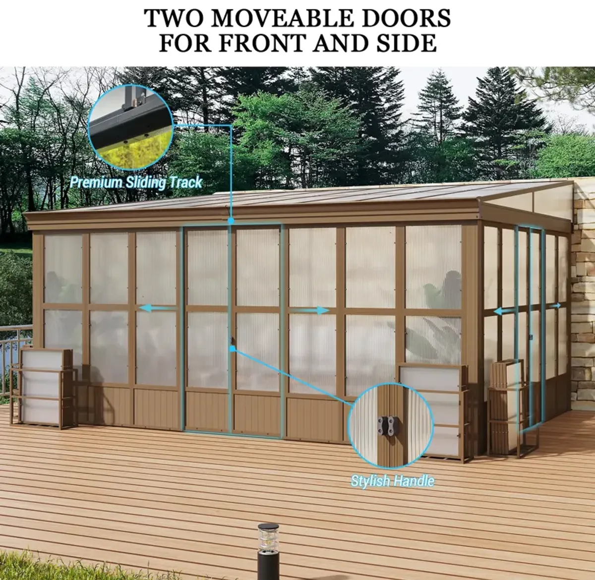 MONDAWE Aluminum Lean to Sunroom 12x16FT, Wall Mounted Solarium with Sloping Polycarbonate Roof and Screens, 2 Lockable Sliding Doors