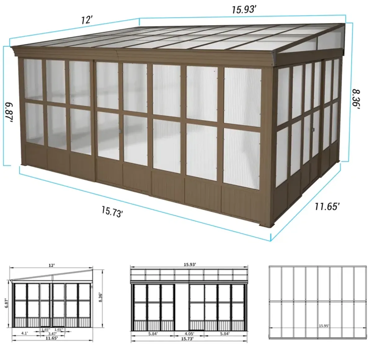 MONDAWE Aluminum Lean to Sunroom 12x16FT, Wall Mounted Solarium with Sloping Polycarbonate Roof and Screens, 2 Lockable Sliding Doors