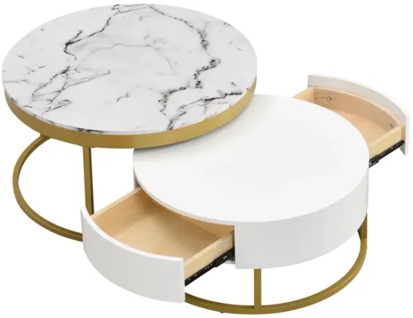 Modern Round  Nesting Coffee Table with Drawers in White