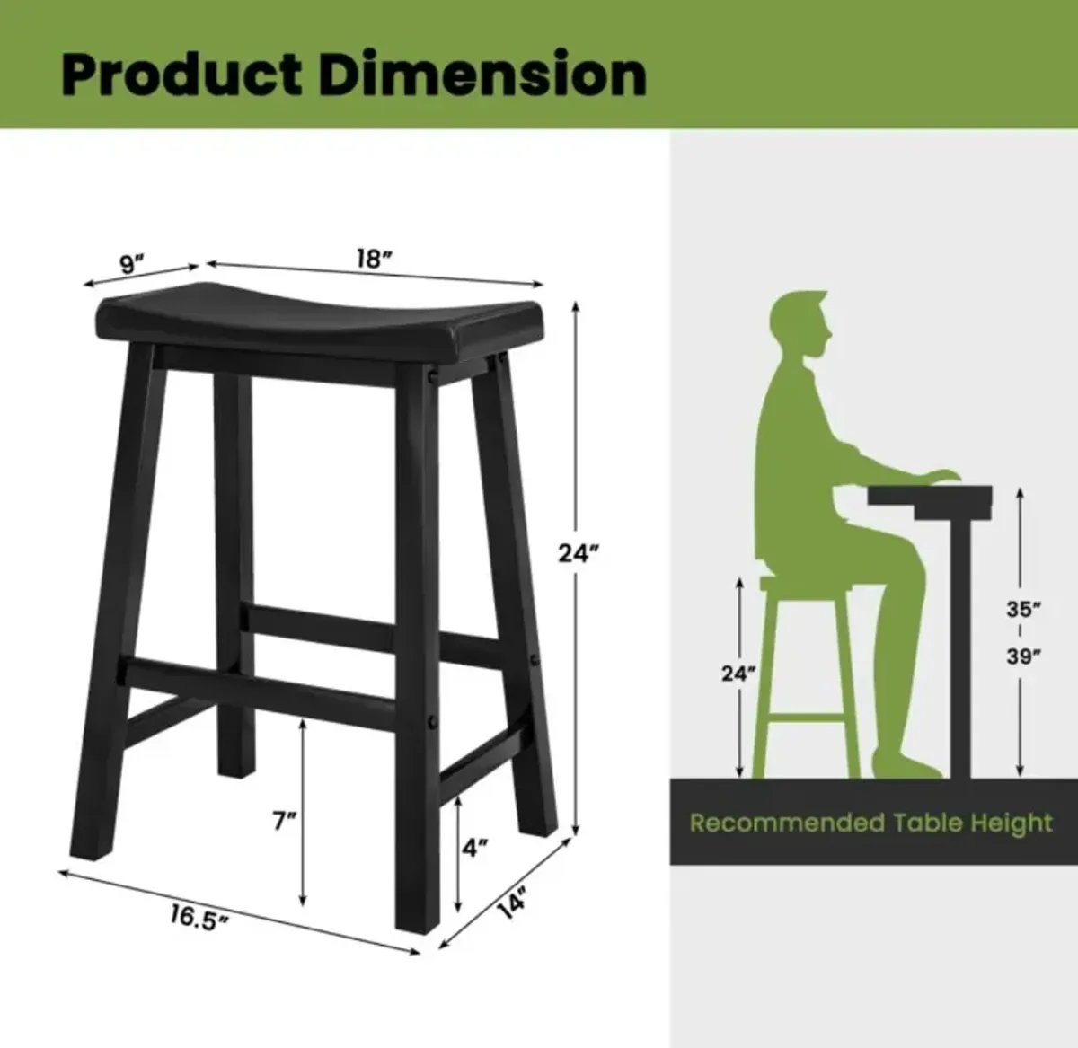 Hivvago Set of 2 24 Inch Counter Height Stools with Solid Wood Legs