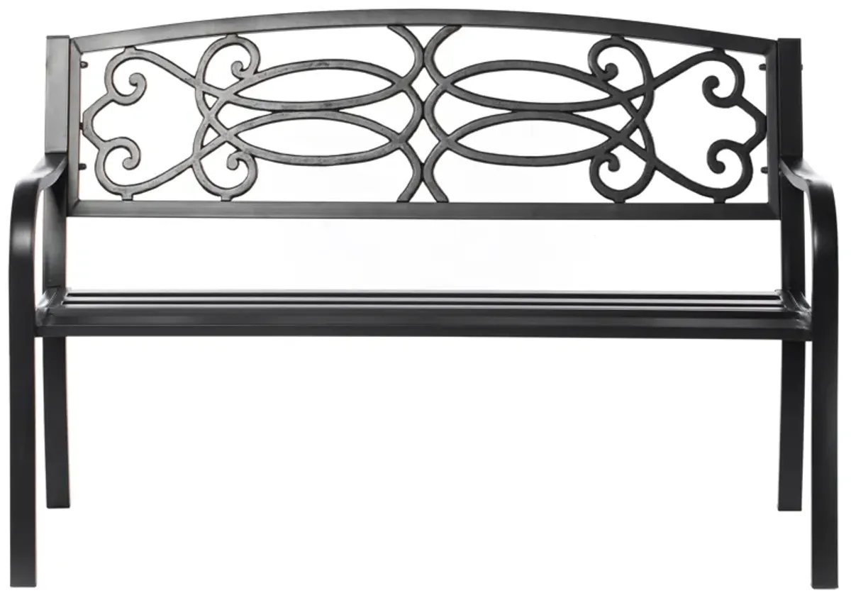 Steel Outdoor Patio Garden Park Seating Bench with Cast Iron Scrollwork Backrest, Front Porch Yard Bench Lawn Decor