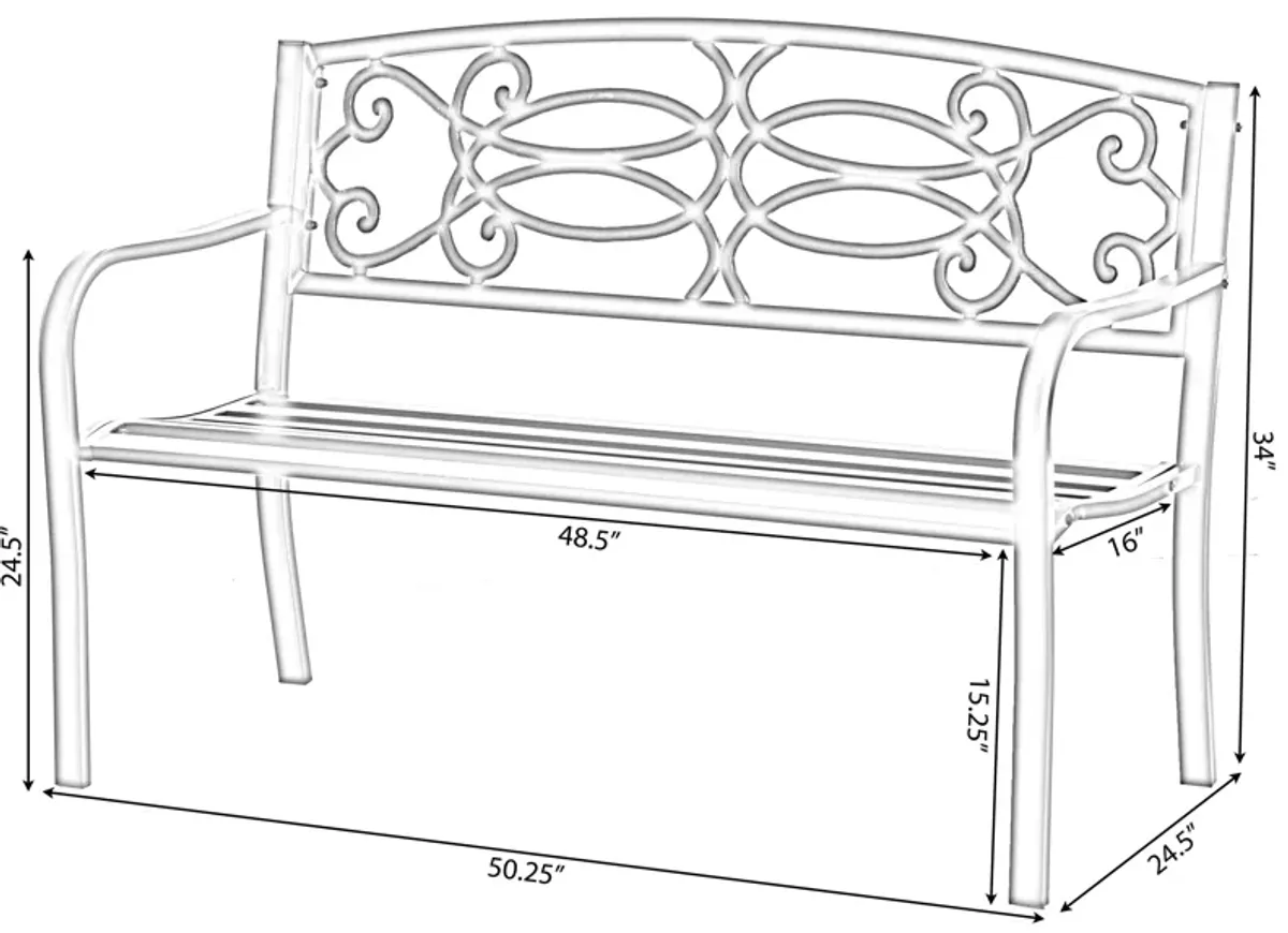 Steel Outdoor Patio Garden Park Seating Bench with Cast Iron Scrollwork Backrest, Front Porch Yard Bench Lawn Decor