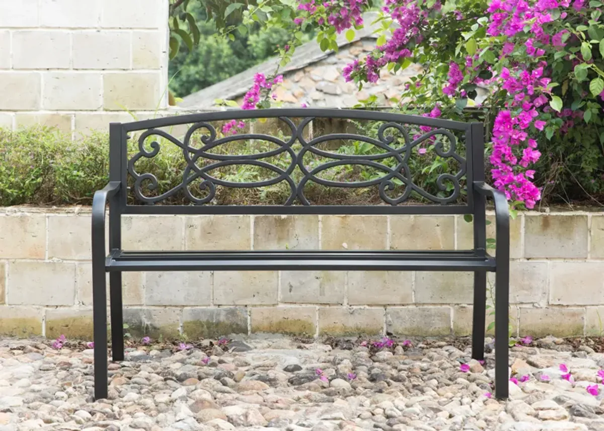 Steel Outdoor Patio Garden Park Seating Bench with Cast Iron Scrollwork Backrest, Front Porch Yard Bench Lawn Decor