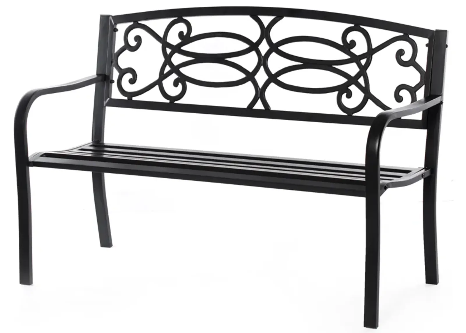 Steel Outdoor Patio Garden Park Seating Bench with Cast Iron Scrollwork Backrest, Front Porch Yard Bench Lawn Decor