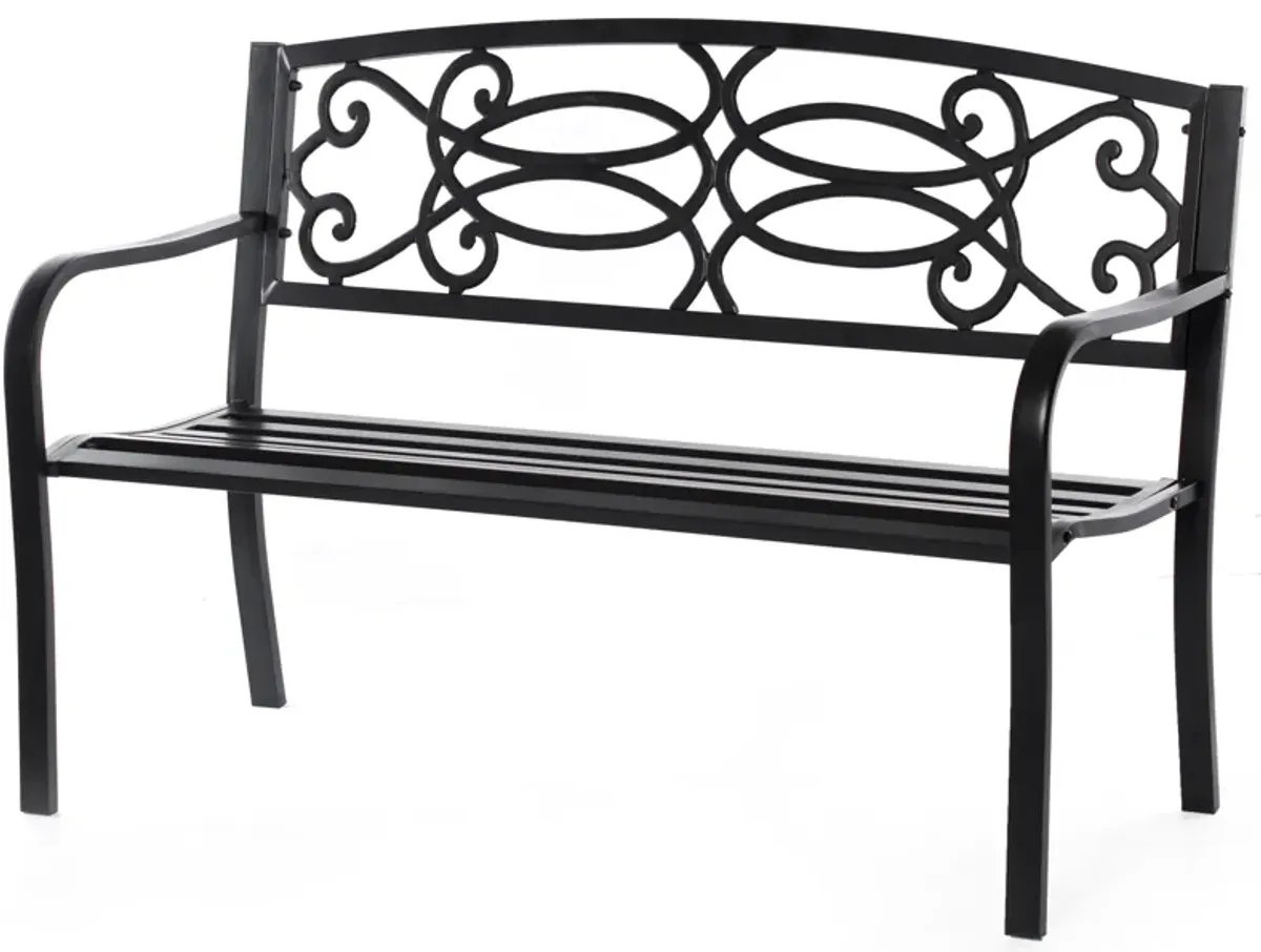 Steel Outdoor Patio Garden Park Seating Bench with Cast Iron Scrollwork Backrest, Front Porch Yard Bench Lawn Decor