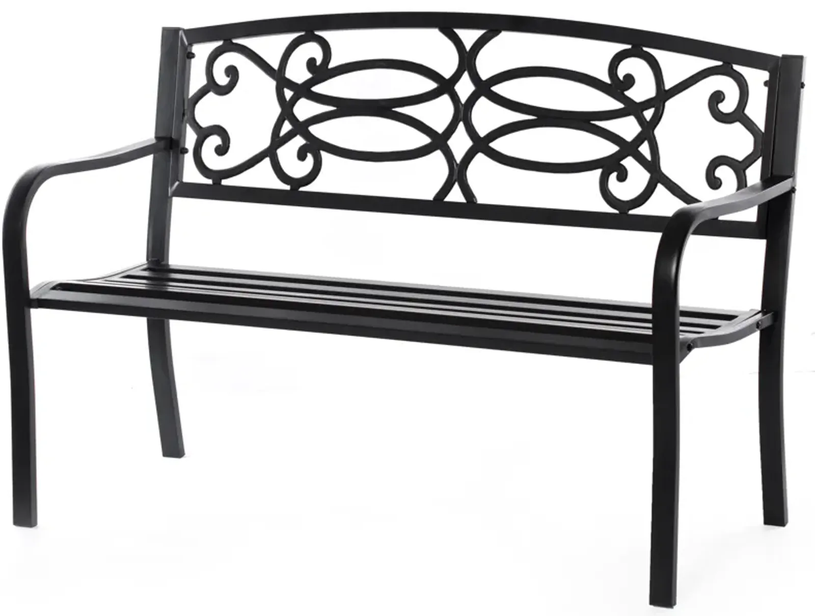 Steel Outdoor Patio Garden Park Seating Bench with Cast Iron Scrollwork Backrest, Front Porch Yard Bench Lawn Decor